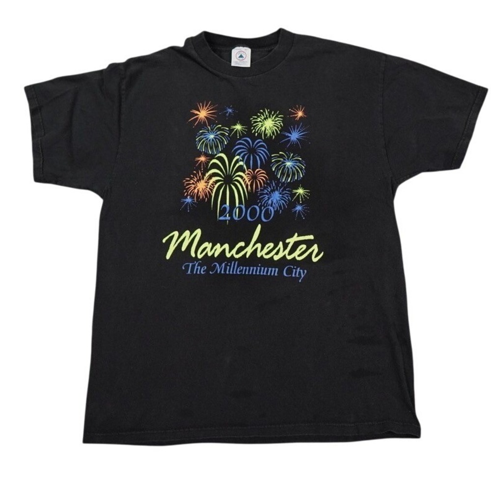 VTG Manchester Millennium City Shirt Men Large Black Firework Delta Graphic Y2k